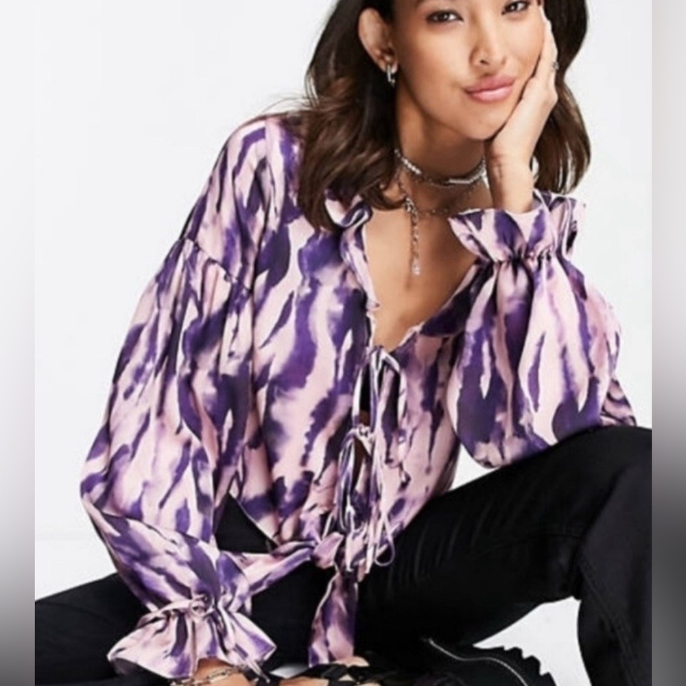 NWT Topshop Tie Front Long Sleeve Collared Purple Tie Dye Top - Size 2